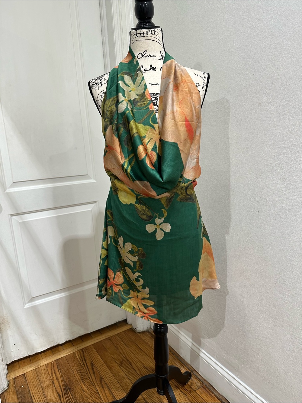 Fashion Nova Green Floral Halter Mini Dress with Peach Accents